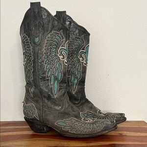 Corral Fleur De Lis Wings Cowgirl Boots R2337 Gray Charcoal Teal Distressed 9 M